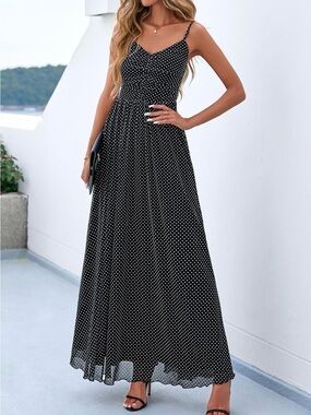 #48 Pretty Garden Black Polka Dot Maxi Dress with Spaghetti Straps